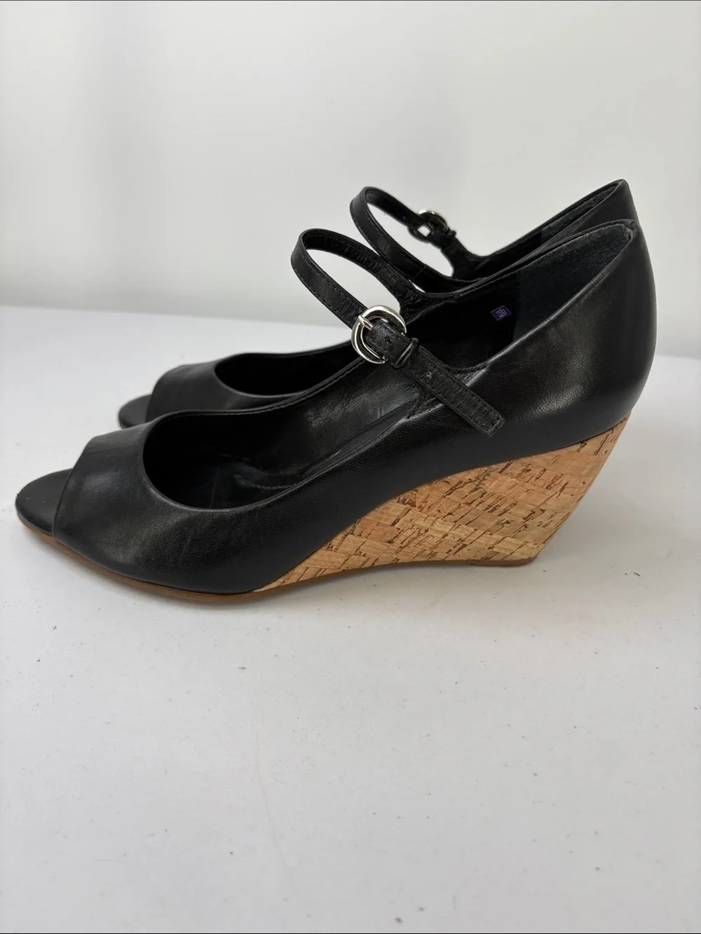 🕊️ Franco Sarto  Leather Cork Wedge Mary Jane Sandals w peep Toe